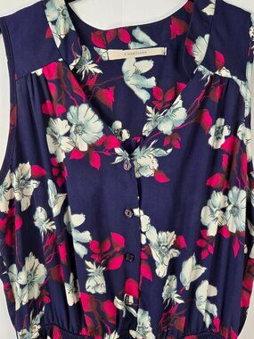 Indigo Blue Floral V-Neck Half Button Down Mini to Knee Length Dress Size M